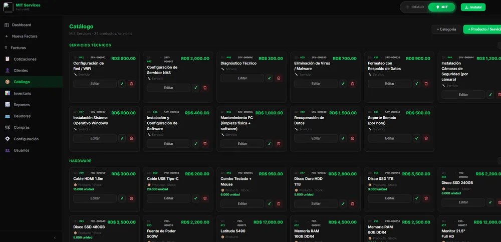 FacturaME · catálogo de servicios y hardware